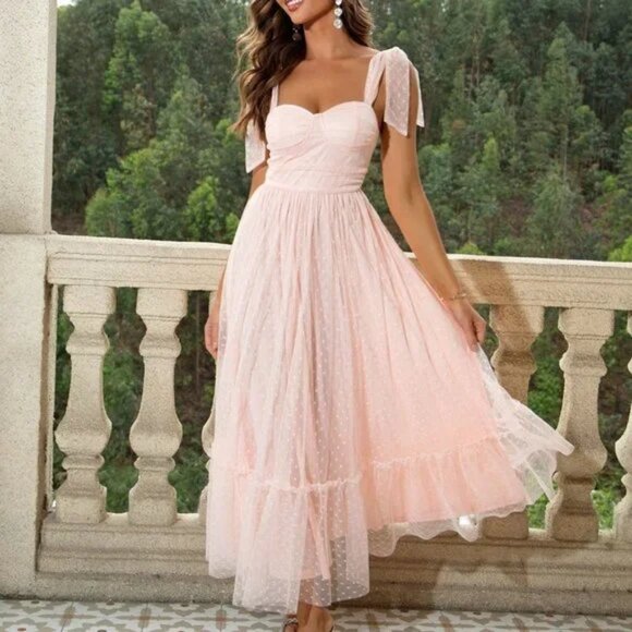 Baby Pink Casual Womens Tie Shoulder Ruched Bust Ruffle Hem Mesh Overlay Cami… - Picture 1 of 5